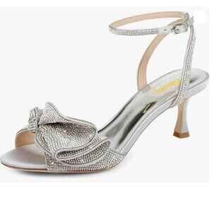 Milooey Silver Glitter Rhinestone Bow Crystal Ankle Strap Kitten Heel Sandal